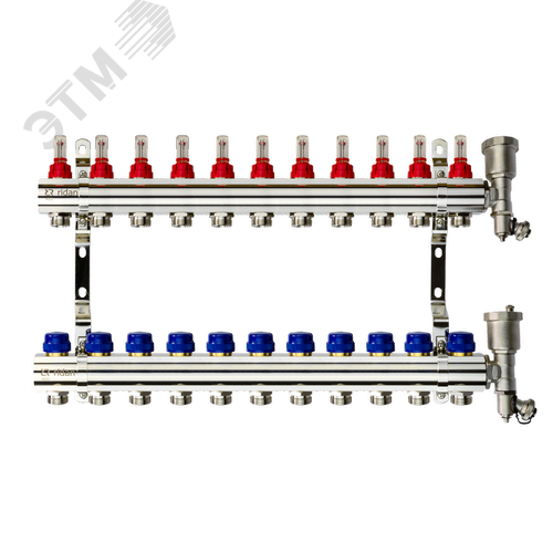 Изображение товара Коллекторная группа FHF-11RF set 11 контуров 1'x3/4' с расходомерами, воздухоотводчиками и кронштейнами (шт)