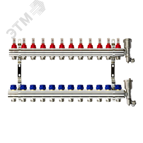 Изображение товара Коллекторная группа FHF-12RF set 12 контуров 1'x3/4' с расходомерами, воздухоотводчиками и кронштейнами (шт)