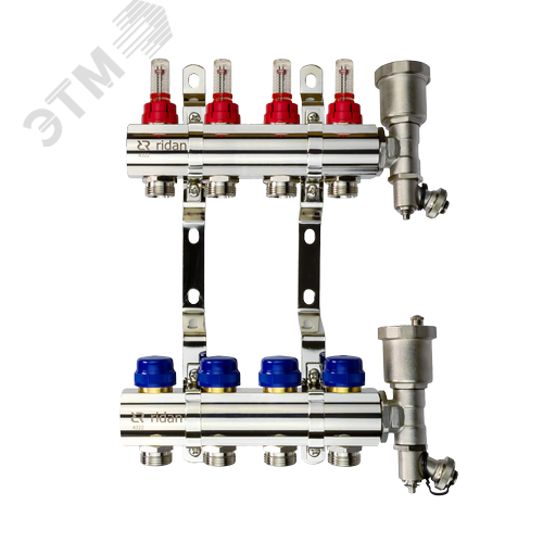 Изображение товара Коллекторная группа FHF-4RF set 4 контура 1'x3/4' с расходомерами, воздухоотводчиками и кронштейнами (шт)