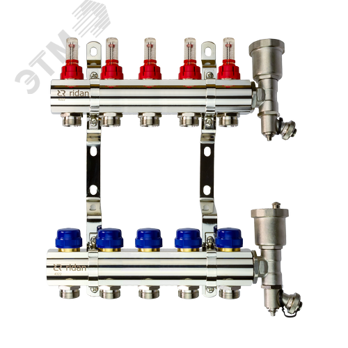 Изображение товара Коллекторная группа FHF-5RF set 5 контуров 1'x3/4' с расходомерами, воздухоотводчиками и кронштейнами (шт)