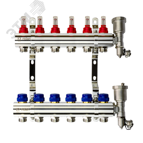 Изображение товара Коллекторная группа FHF-6RF set 6 контуров 1'x3/4' с расходомерами, воздухоотводчиками и кронштейнами (шт)