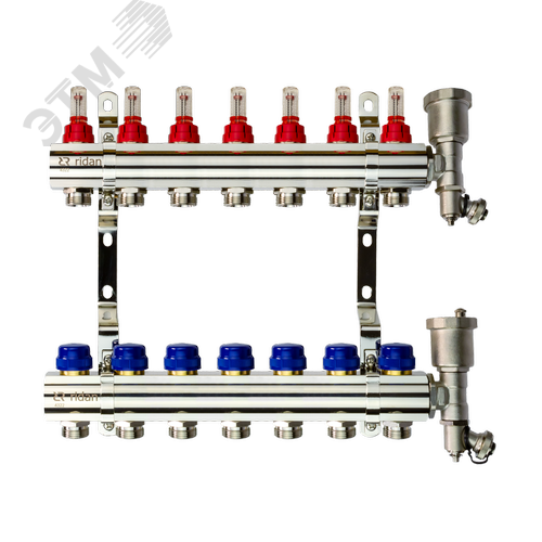 Изображение товара Коллекторная группа FHF-7RF set 7 контуров 1'x3/4' с расходомерами, воздухоотводчиками и кронштейнами (шт)