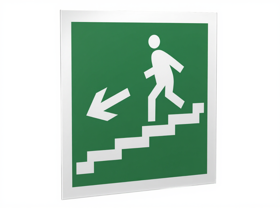 Знак безопасности PS-15164.E14''Напр. к эвакуац. выходу по лестн. вниз (лев.)''