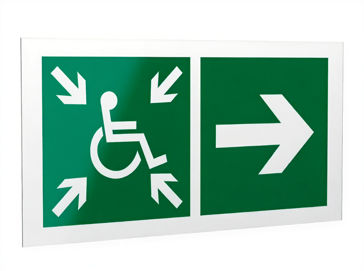 Знак безопасности PS-42226.E76''Напр.движ. к пункту сбора(безоп.зоне)МГН направо''