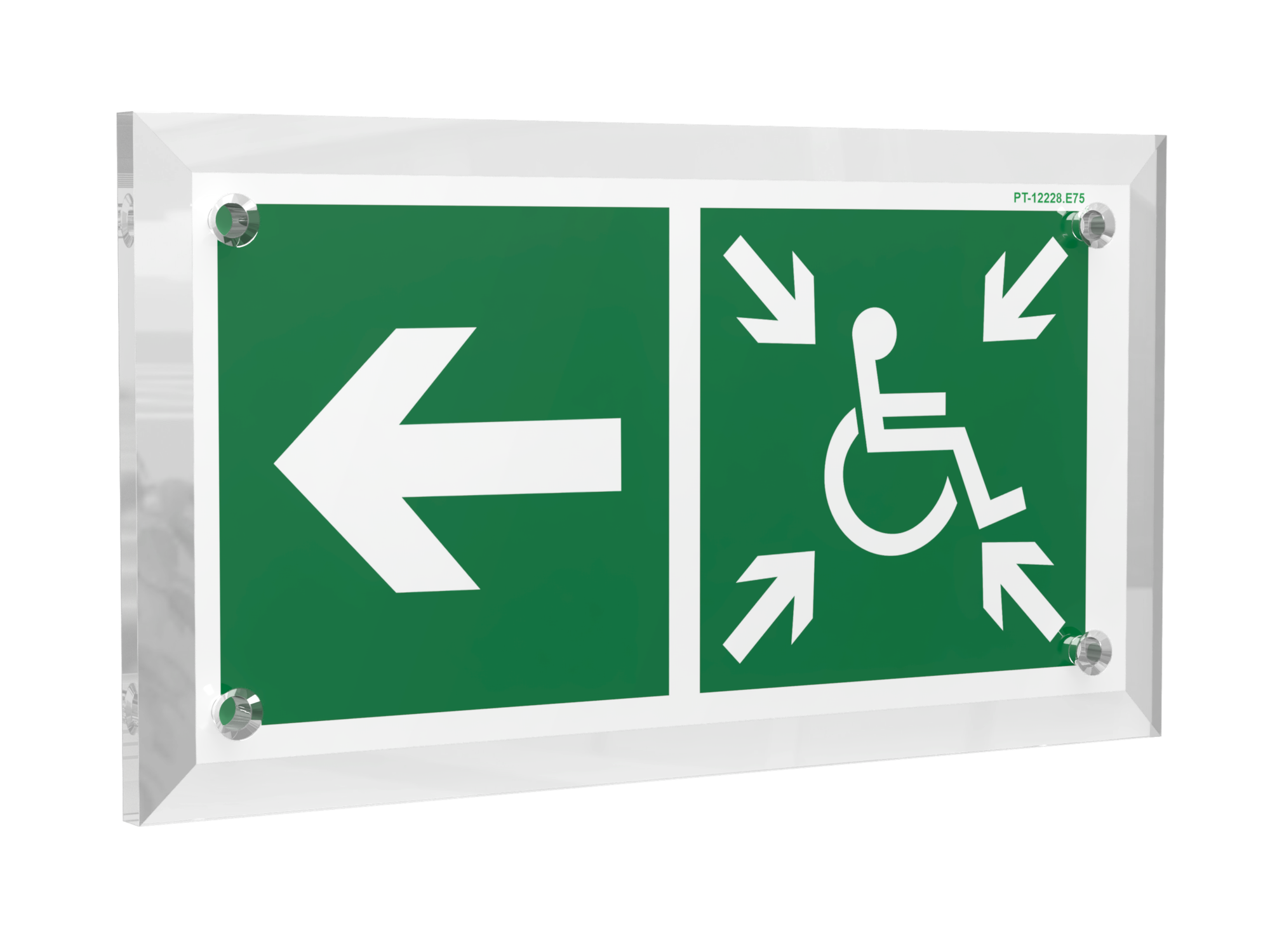 Знак безопасности PT-12228.E75''Напр. движ. к пункту сбора(безоп.зоне)МГН налево''