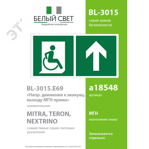 Знак безопасности BL-3015.E69''Напр. движения к эвакуац. выходу МГН прямо'' - фото 2