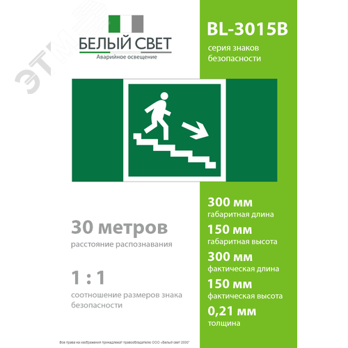 Знак безопасности BL-3015B.E13''Напр. к эвакуац. выходу по лестн. вниз (прав.)'' - фото 4