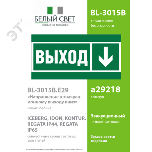 Знак безопасности BL-3015B.E29''Направление к эвакуационному выходу вниз'' - фото 2