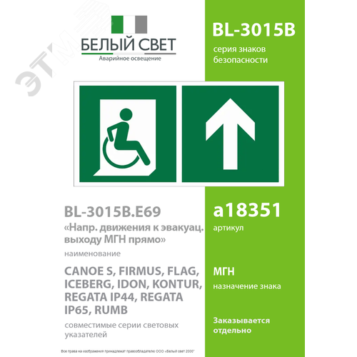 Знак безопасности BL-3015B.E69''Напр. движения к эвакуац. выходу МГН прямо'' - фото 2