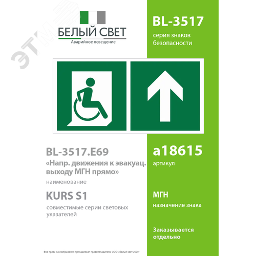 Знак безопасности BL-3517.E69''Напр. движения к эвакуац. выходу МГН прямо'' - фото 2