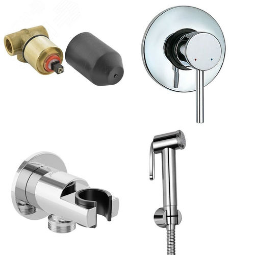 Изображение товара Комплект гигиенического душа 4 в 1:встроенный смеситель (наружная и внутренняя часть), угол подключения с держателем, лейка, шланг (шт)