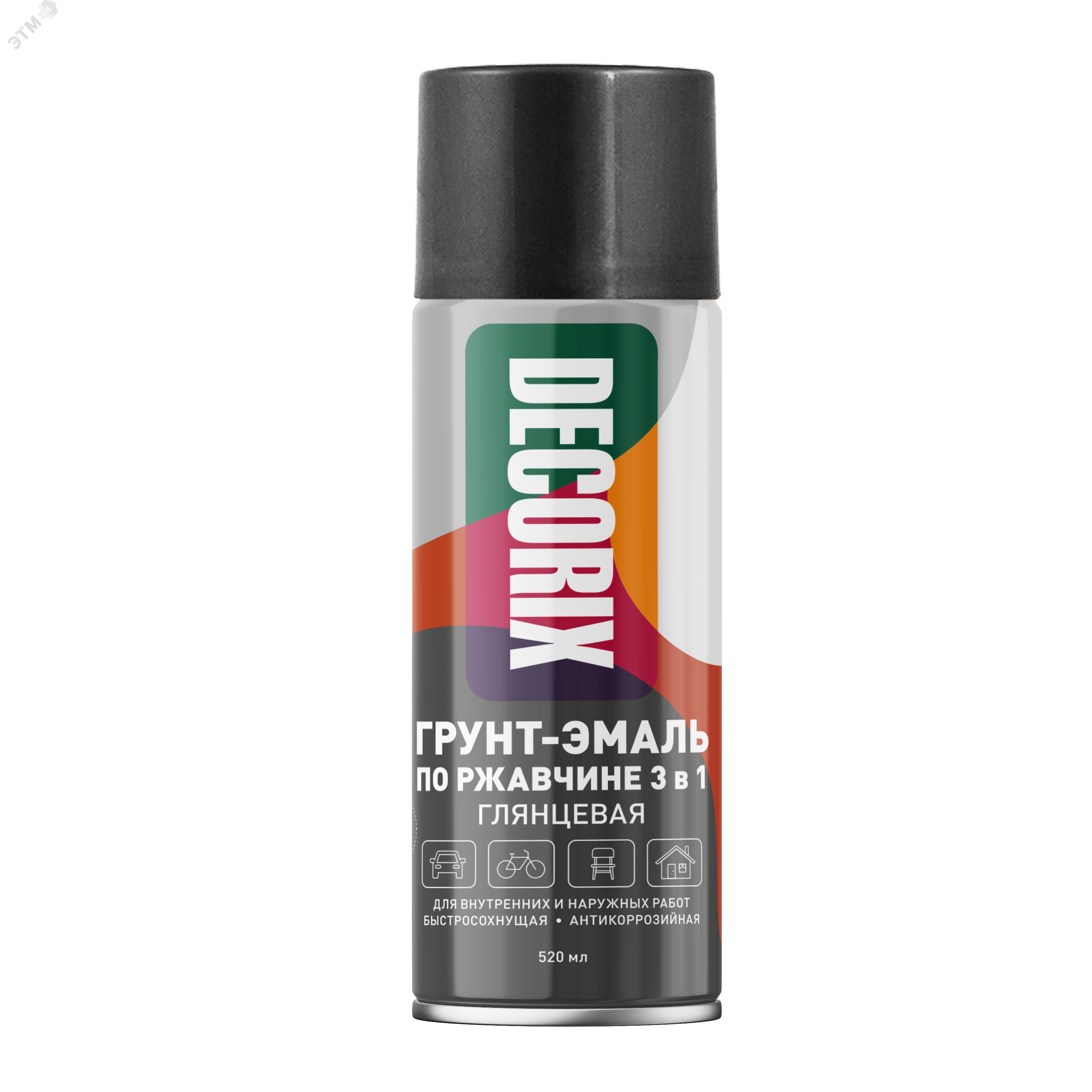 Изображение товара Грунт-эмаль по ржавчине DECORIX 3 в 1 аэрозоль 520 мл черный глянец