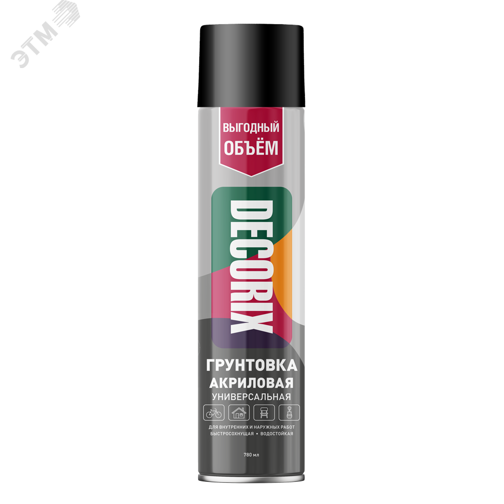 Изображение товара Грунтовка аэрозольная 780 мл DECORIX черная для металла дерева бетона стекла керамики