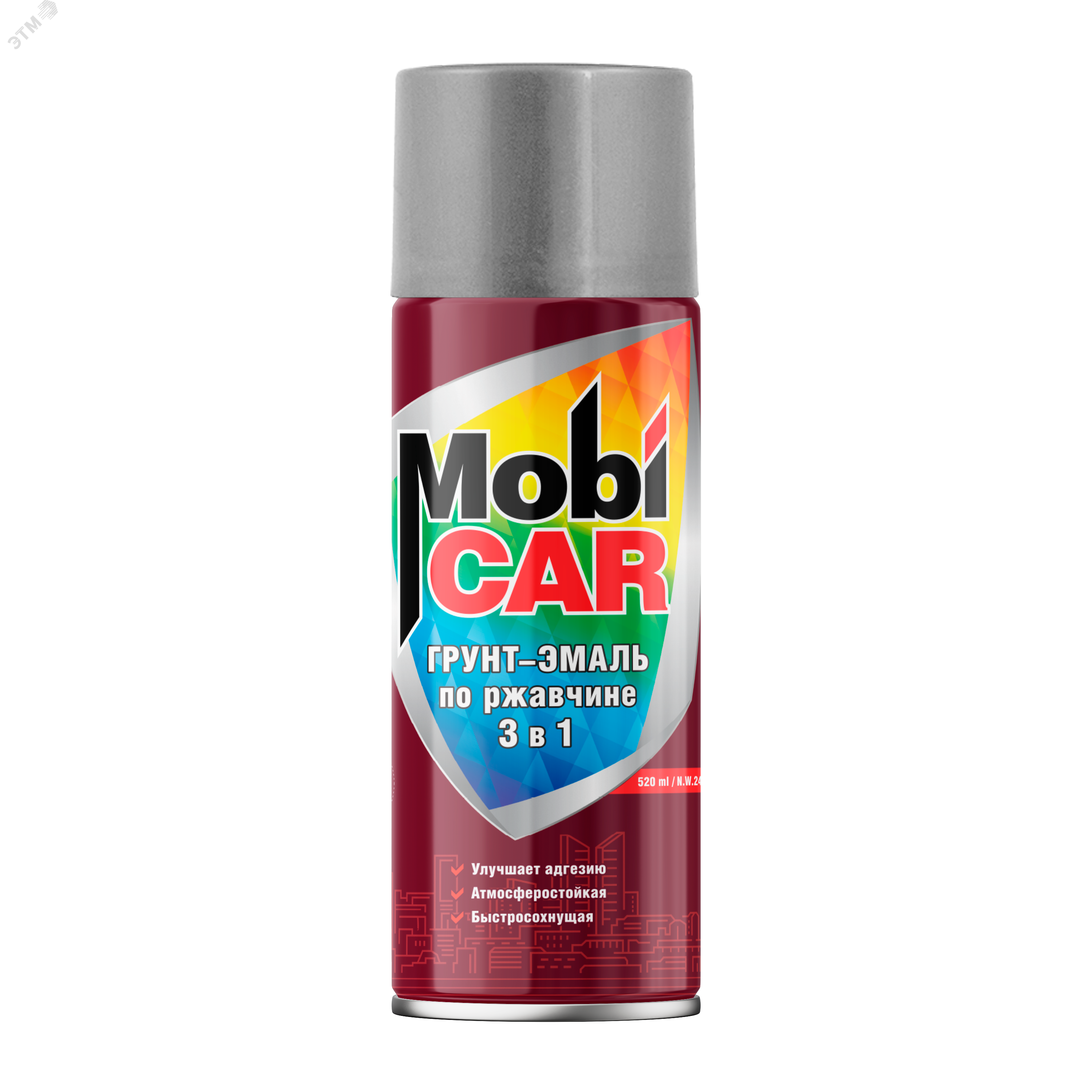 Изображение товара Грунт-эмаль по ржавчине MobiCAR 3 в 1 520 мл серебристая аэрозоль