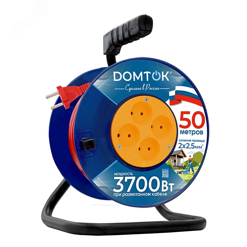 Изображение товара Удлинитель силовой на катушке DOMTOK 50 м 4 гнезда без заземления