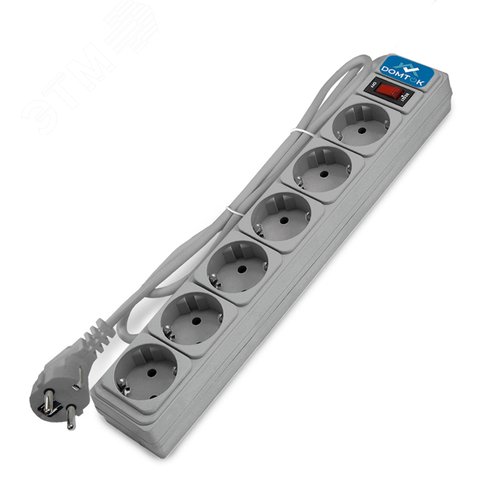 Изображение товара Фильтр-удлинитель 6 гнезд, ПВС 3x1, 10А/2,2кВт, выключатель с индикацией, с заземлением, серый, 5 метров DOMTOK (шт)
