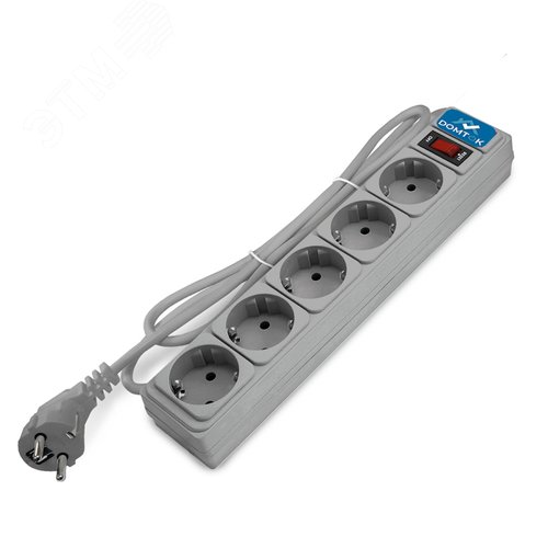 Изображение товара Фильтр-удлинитель 5 гнезд, ПВС 3x1, 10А/2,2кВт, выключатель с индикацией, с заземлением, серый, 3 метра DOMTOK (шт)