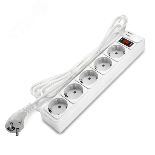 Изображение товара Фильтр-удлинитель 5 гнезд с USB type-A + type-A, ПВС 3*1, 10А/2,2кВт, выключатель с индикацией, с заземлением белый, 5 метров DOMTOK (шт)