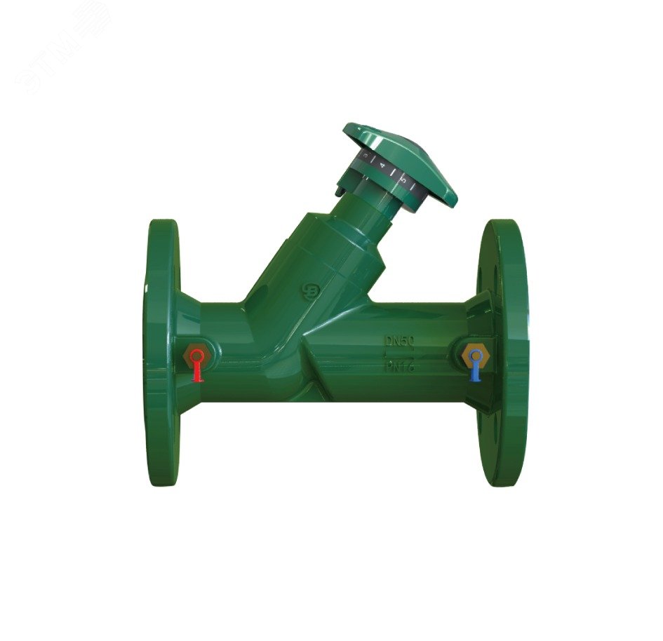 Изображение товара Клапан балансировочный статический фланцевый мод 1216 Н, корпус высокопрочный чугун EN-JS-1040, шток SS410, фланцы EN1092-2, PN 16, зеленого цвета Ral 6005, T раб = - 20 + 120 град, Ду 40 (шт)