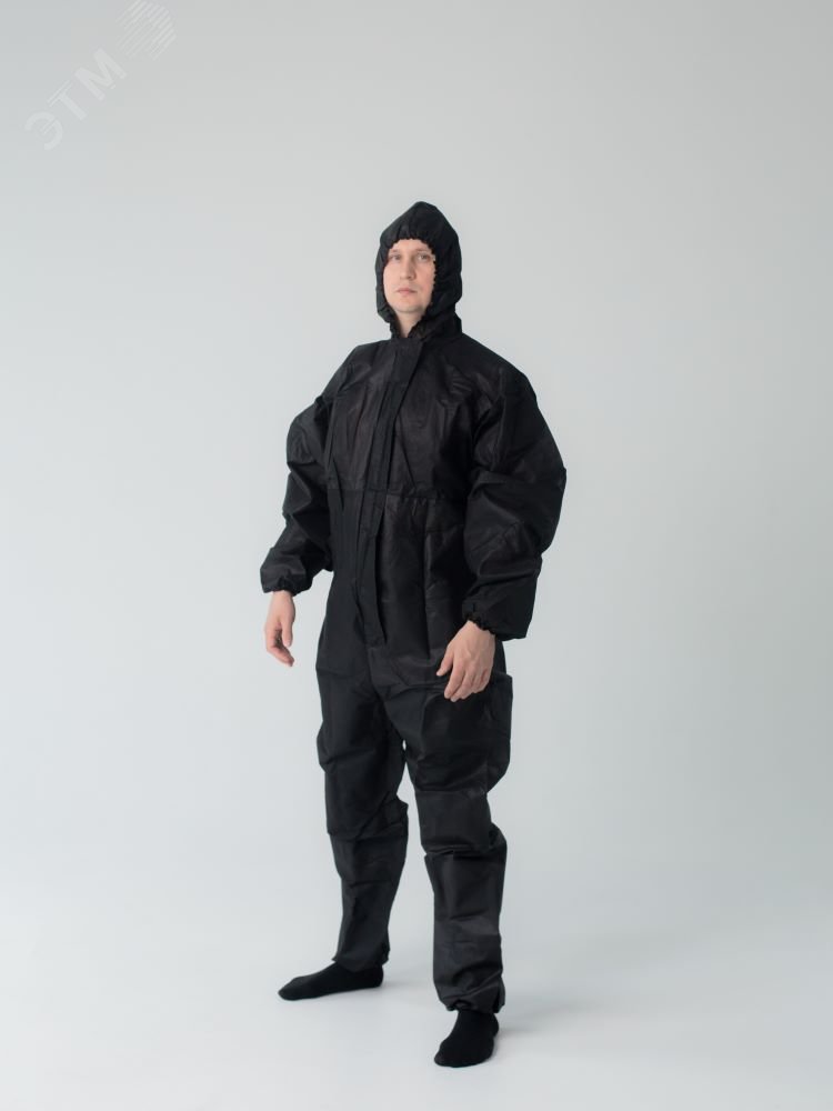 Изображение товара Защитный многоразовый комбинезон спанбонд черный плотностью 60 г/м2 с планкой на липучке