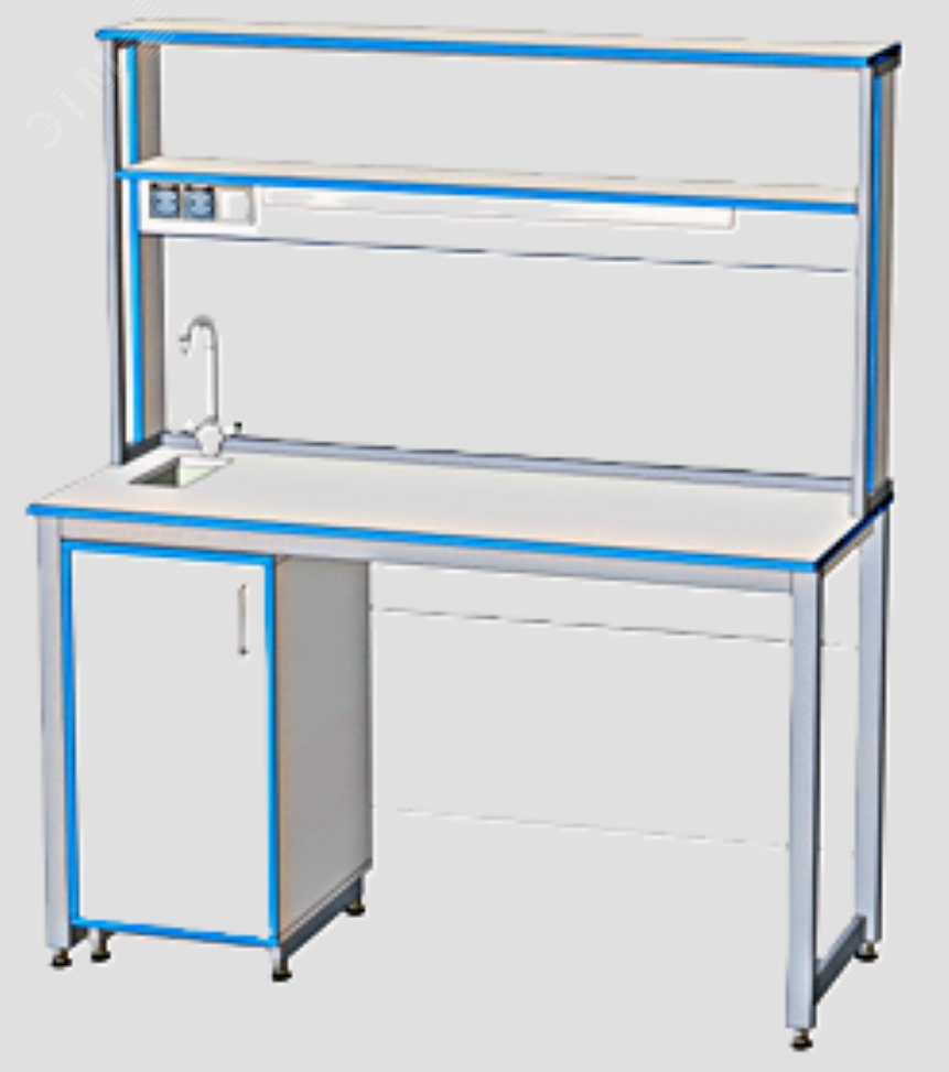 Изображение товара Стол лабораторный 1500x600x1750 с надстройкой и тумбой, HPL 16 мм, раковина