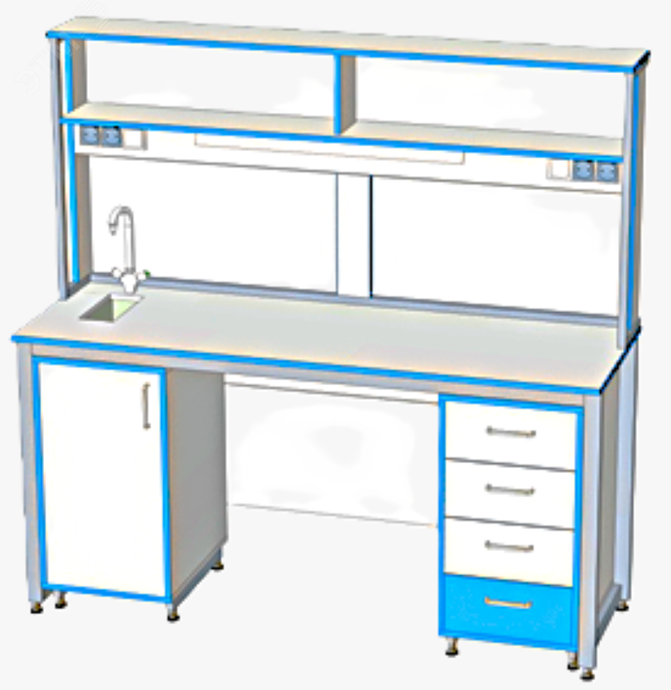Изображение товара Стол лабораторный 1800х600х1750, рабочая поверхность Металлокерамика, надстройка 1800х250х850мм, 2 тумбы 420х500х831мм, раковина сливная с сифоном, гофрой и лабораторный смеситель. (компл)