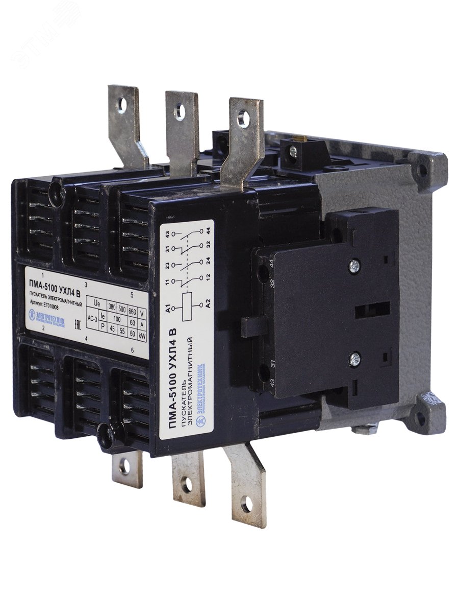 Изображение товара Пускатель электромагнитный ПМА-5100 УХЛ4 В, 220В, 2з+2р, 100А, нереверсивный, без реле, IP00 (шт)