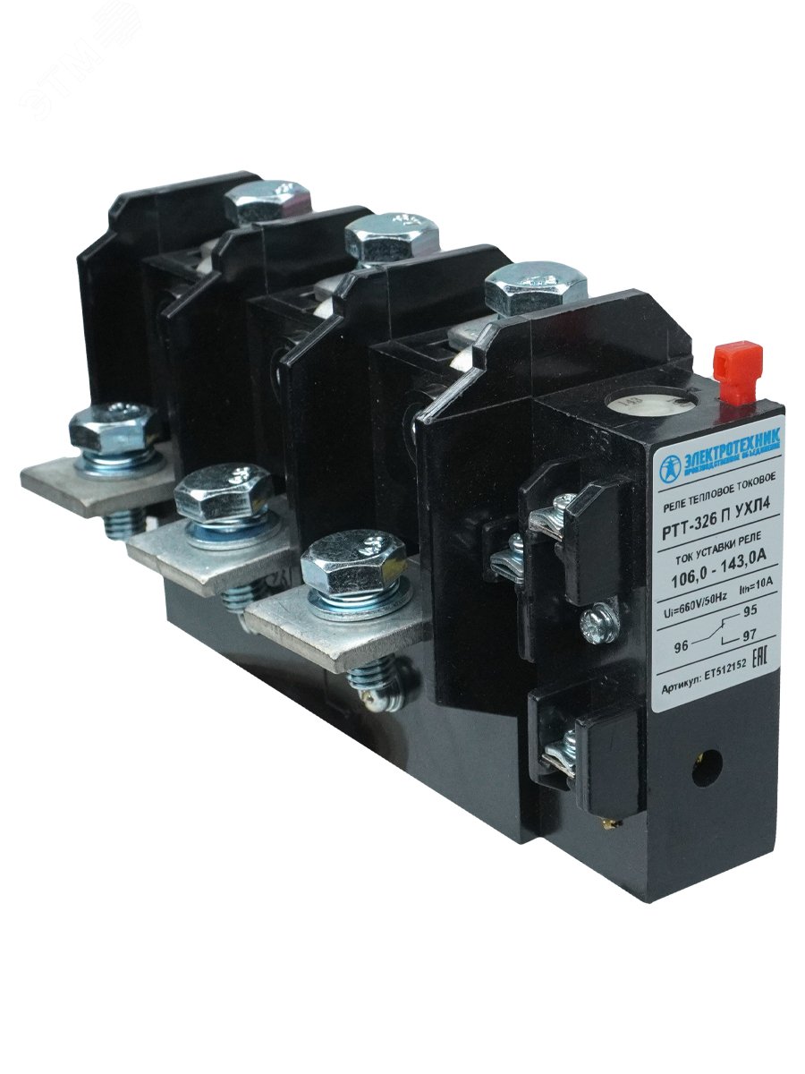 Изображение товара Реле электротепловое токовое РТТ-326 125А для защиты электродвигателей с диапазоном уставок 106-143