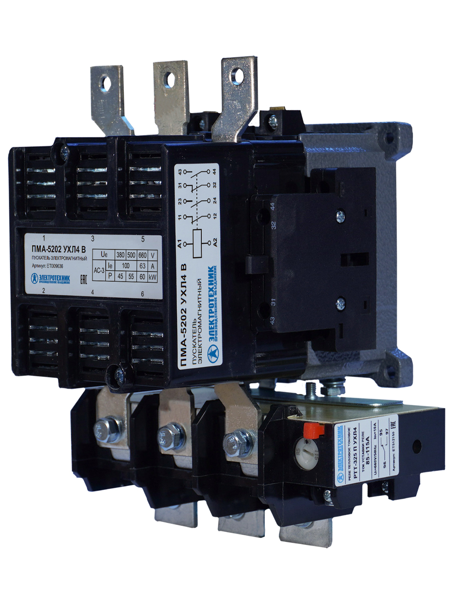 Пускатель электромагнитный ПМА-5202 УХЛ4 В, 220В, 2з+2р, 100А, нереверсивный, с реле РТТ-325 85-115А, IP00