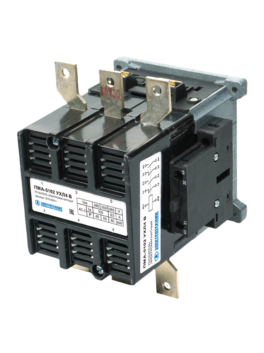 Пускатель электромагнитный ПМА-5102 УХЛ4 В, 380В, 2з+2р, 100А, нереверсивный, без реле, IP00