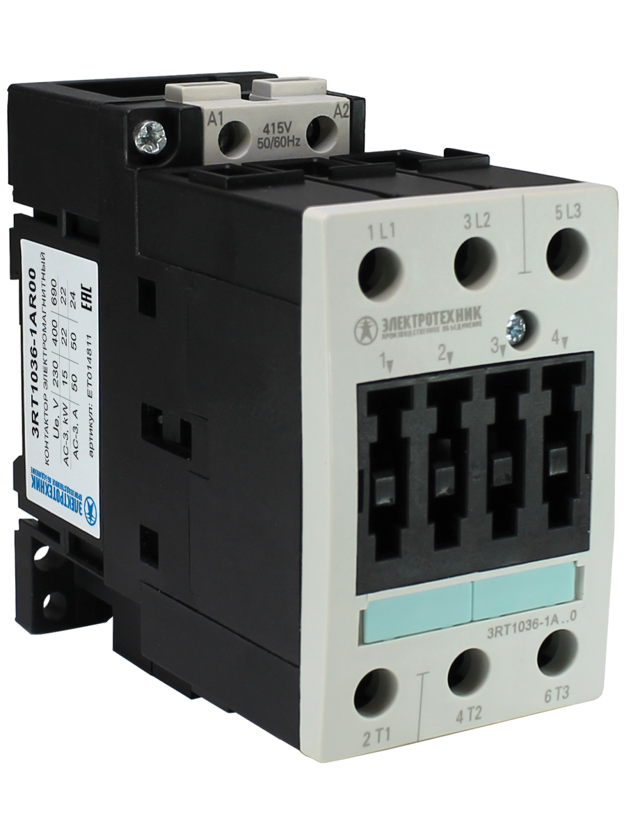 Контактор электромагнитный 3RT1036-1AR00, 3-пол., 50A, AC-3, 22кВт/400V, 415V AC, 50Гц, типоразмер S2, винтовые клеммы, IP20