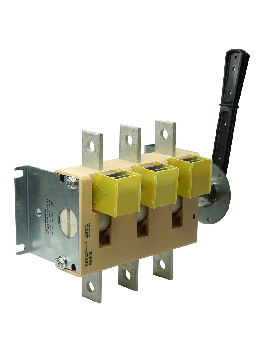 Выключатель-разъединитель ВР32-39 В 31250-32 УХЛ3, 630А, съёмная боковая смещённая рукоятка, 3-х полюсный на одно направление, с дугогасительными камерами, IP32