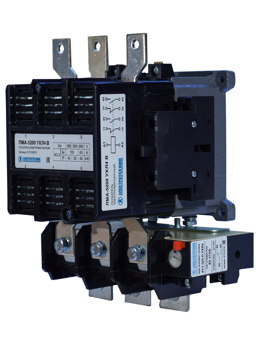 Пускатель электромагнитный ПМА-5200 УХЛ4 В, 220В, 2з+2р, 100А, нереверсивный,с реле РТТ-325 85-115А, IP00, пускатель электромагнитный