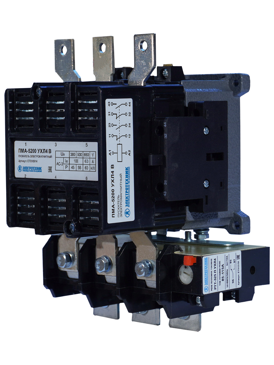 ПМА-5200 УХЛ4 В, 380В, 2з+2р, 100А, нереверсивный, с реле РТТ-325 85-115А, IP00, пускатель электромагнитный  (ЭТ)