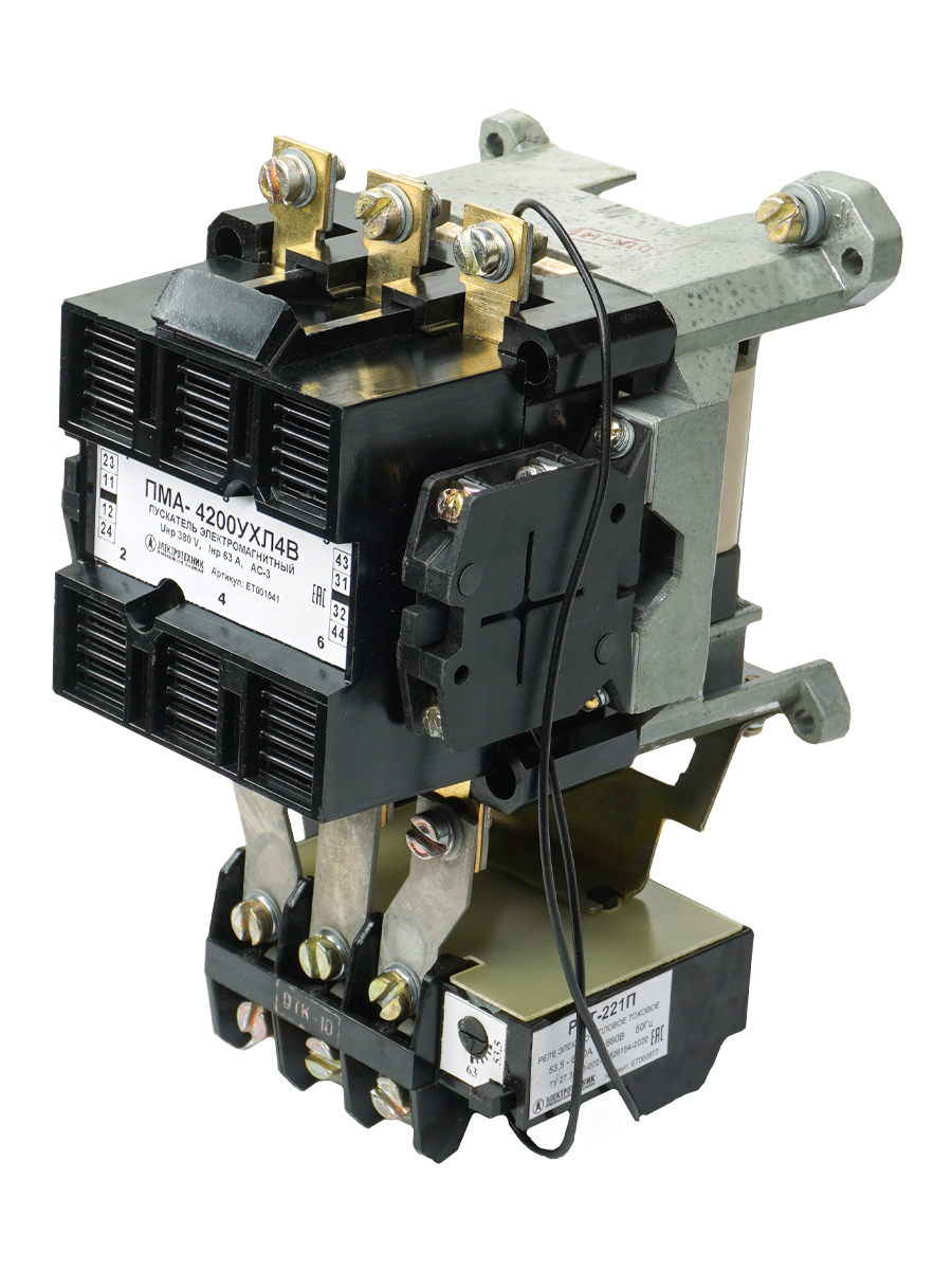 Пускатель электромагнитный ПМА-4200 УХЛ4 В, 380В/50Гц, 2з+2р, 63А, нереверсивный, с реле РТТ-221П 53,5-63,0А, IP00