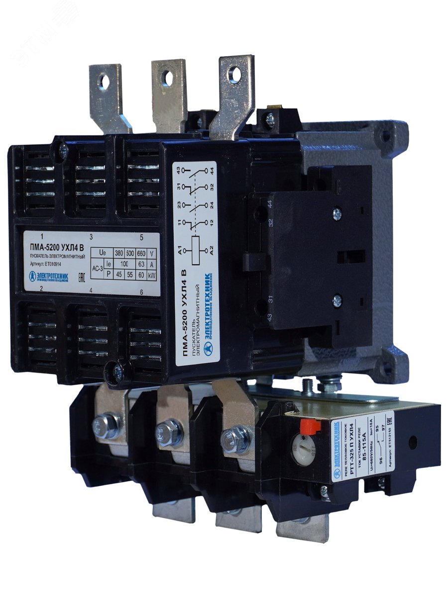 Изображение товара Пускатель электромагнитный ПМА-5200 УХЛ4 В, 380В, 100А, нереверсивный, с реле РТТ-325