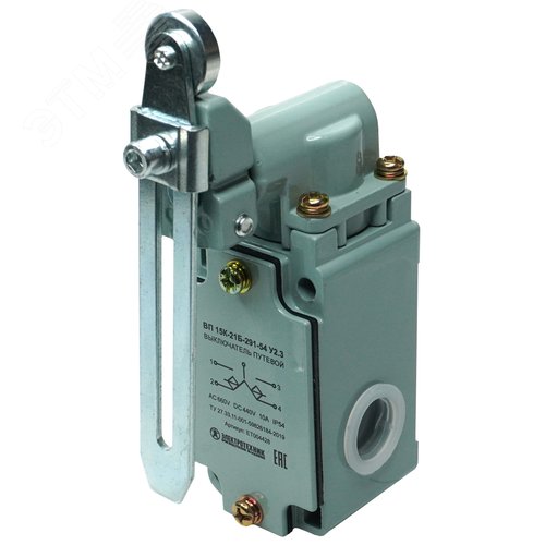 Изображение товара Выключатель путевой ВП 15К-21Б-291-54 У2.3, рычаг с роликом, регулируемый по длине, полумгновенный, IP54 (шт)