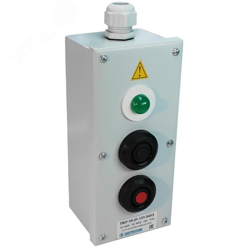 Изображение товара Пост кнопочный ПКУ-15-21.131-54У2 1хСКЛ11 зеленая 220В + 1хКЕ081/2 (1з+1р)черная+1хКЕ081/2(1з+1р) красная (шт)