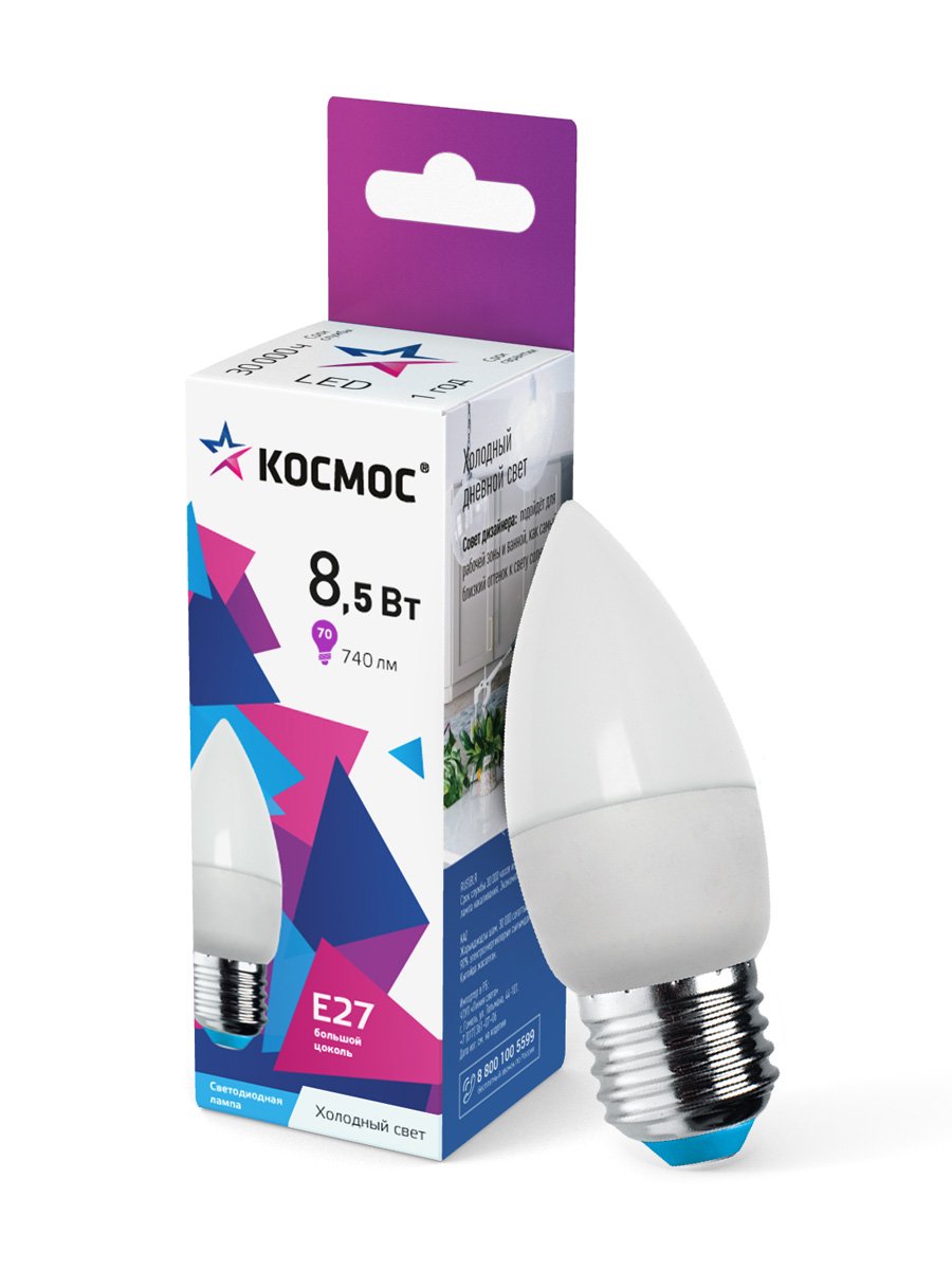 Лампа светодиодная LED 8.5Вт Свеча 220В Е27 D37х100 6500К холодный 720 лм