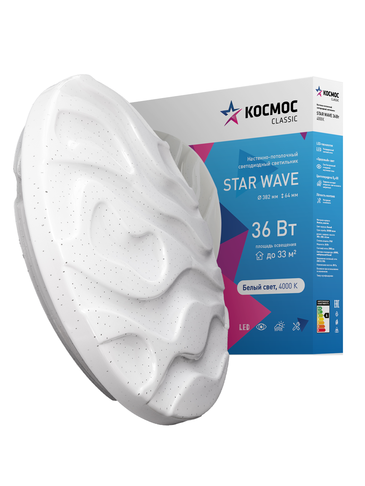 Светильник светодиодный ДБО-36 Вт настенно-потолочный STAR WAVE 230В 4000K 2628 Лм 382х64 мм