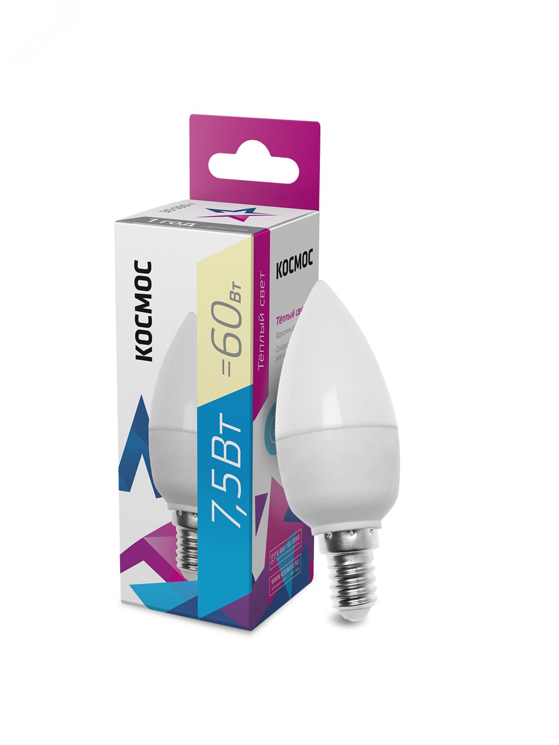 Изображение товара Лампа светодиодная LED 7.5Вт Свеча 220В Е14 D37х100 3000К теплый 600 лм (шт)