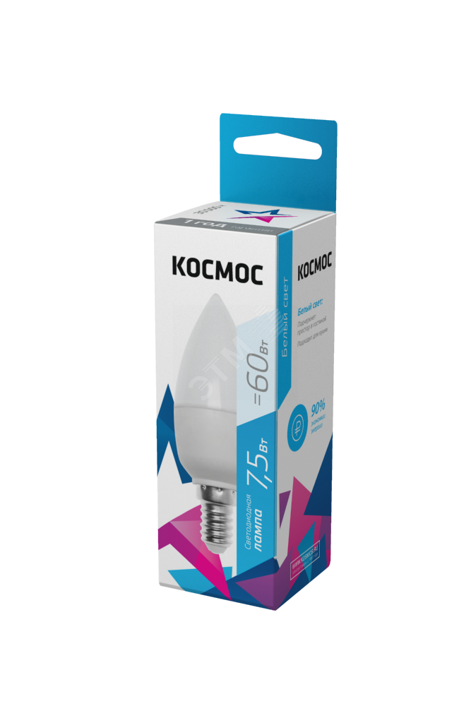 Изображение товара Лампа светодиодная LED 7.5Вт Свеча 220В Е14 D37х100 4500К белый 600 лм (шт)