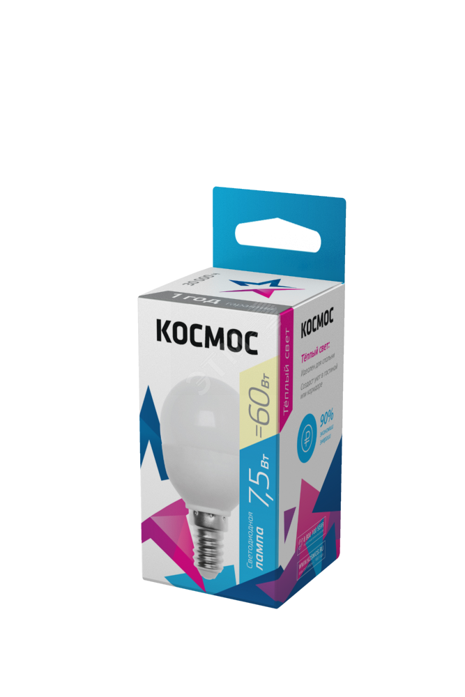 Изображение товара Лампа светодиодная LED 7.5Вт Шар 220В Е14 D45х82 3000К теплый 600 лм (шт)