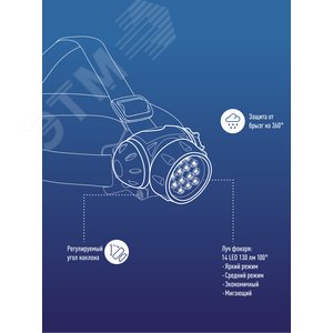 Фонарь налобный, 14 LED, 3 батарейки ААА, 130Lm - фото 7