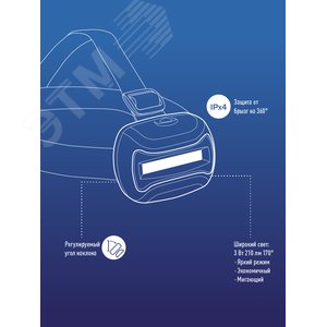 Фонарь налобный, 3W COB LED, 3 батарейки АА, 180Лм - фото 7