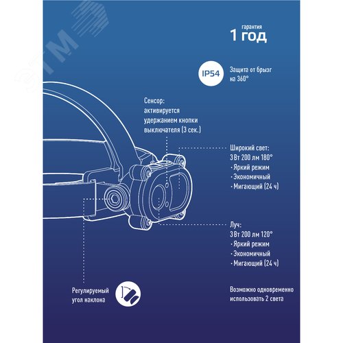Фонарь налобный аккумуляторный сенсорн 3Вт+3Вт COB коллиматорная линза Li-ion 18650 1200mAh ABS-пластик USB-шнур - фото 9