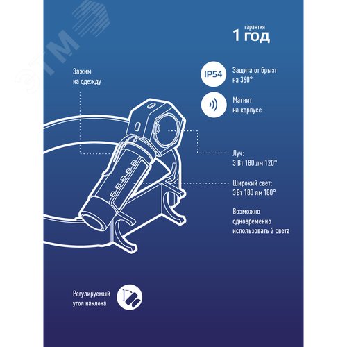 Фонарь налобный аккумуляторный 3Вт+3Вт COB коллиматорная линза Li-ion18650 1200mAh USBtC магнит зажим - фото 7