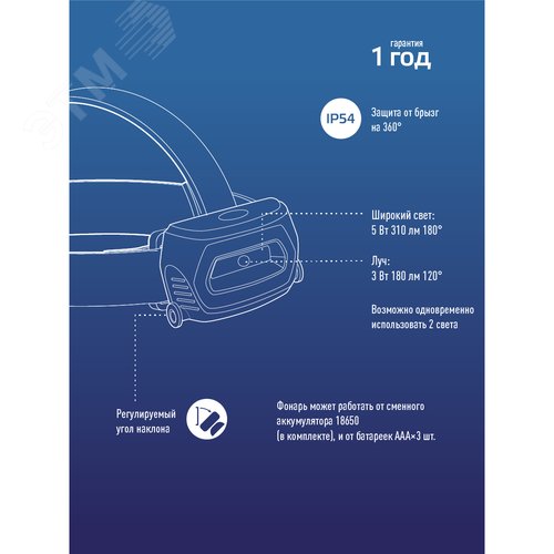 Фонарь налобный аккумуляторный 3Вт+5 Вт COB коллиматорная линза съемн Li-ion 18650 1200mAh Usb typeC - фото 10