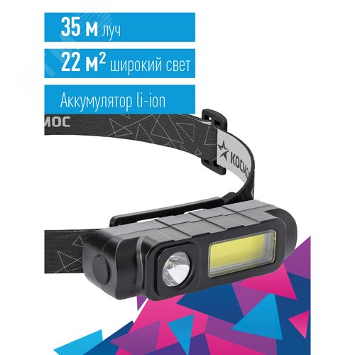 Фонарь налобный аккумуляторный 1ВтLED+3ВтCOBLED Li-ion 18650 800mAh ABS-пластик USB-шнур - фото 2