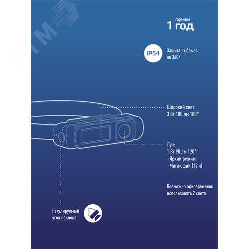 Фонарь налобный аккумуляторный 1ВтLED+3ВтCOBLED Li-ion 18650 800mAh ABS-пластик USB-шнур - фото 8